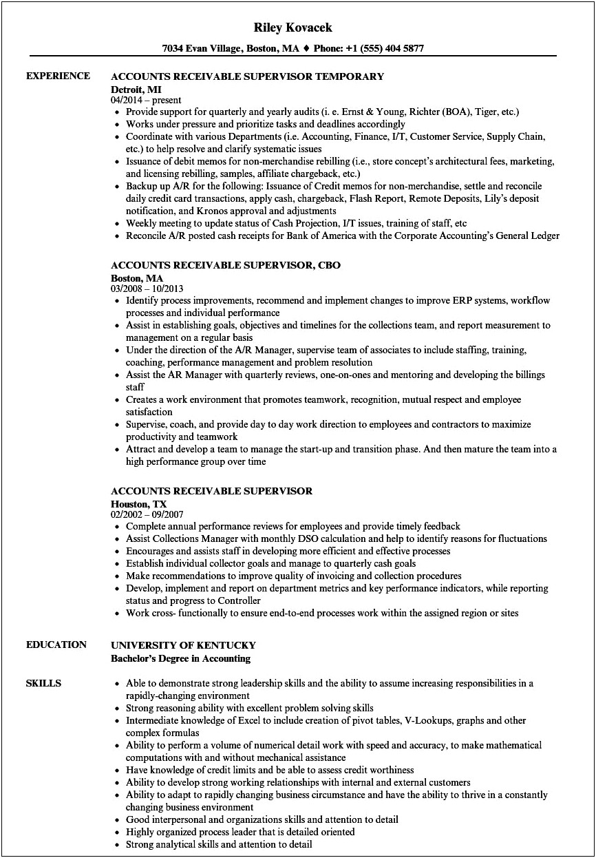 Accounts Receivable Manager Resume Summary