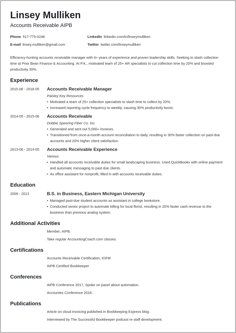 Accounts Receivable Resume Objective Examples