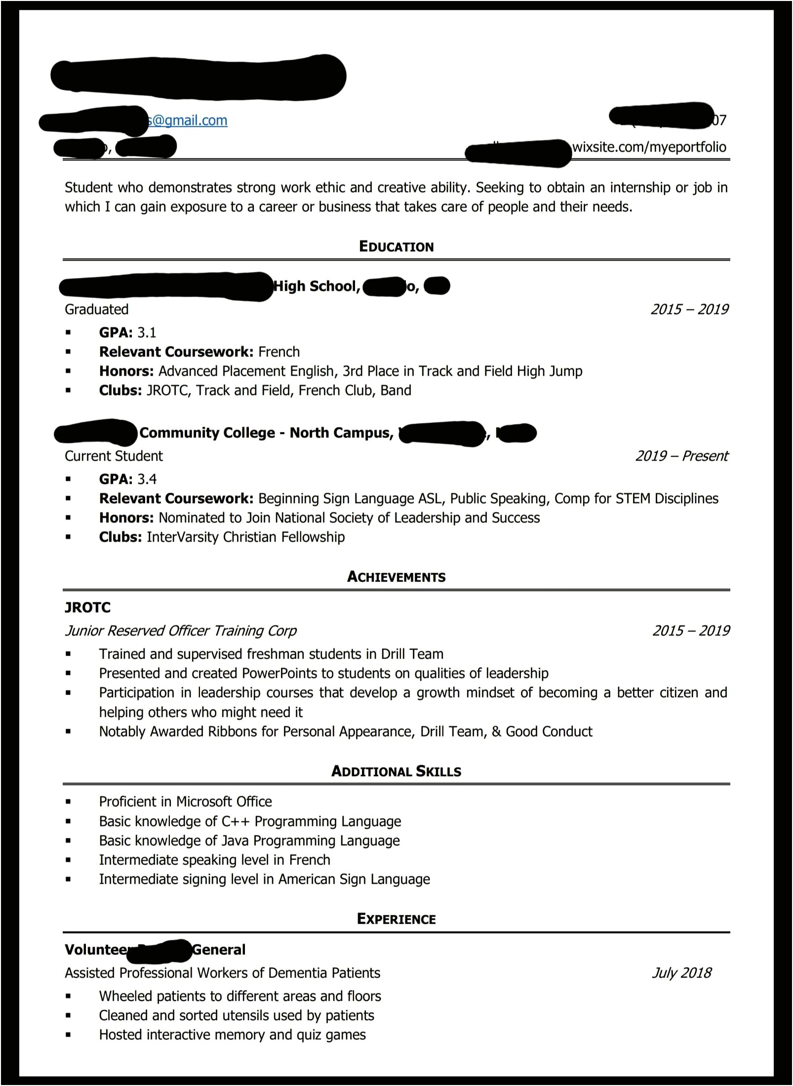 Achievements On A Resume For High School