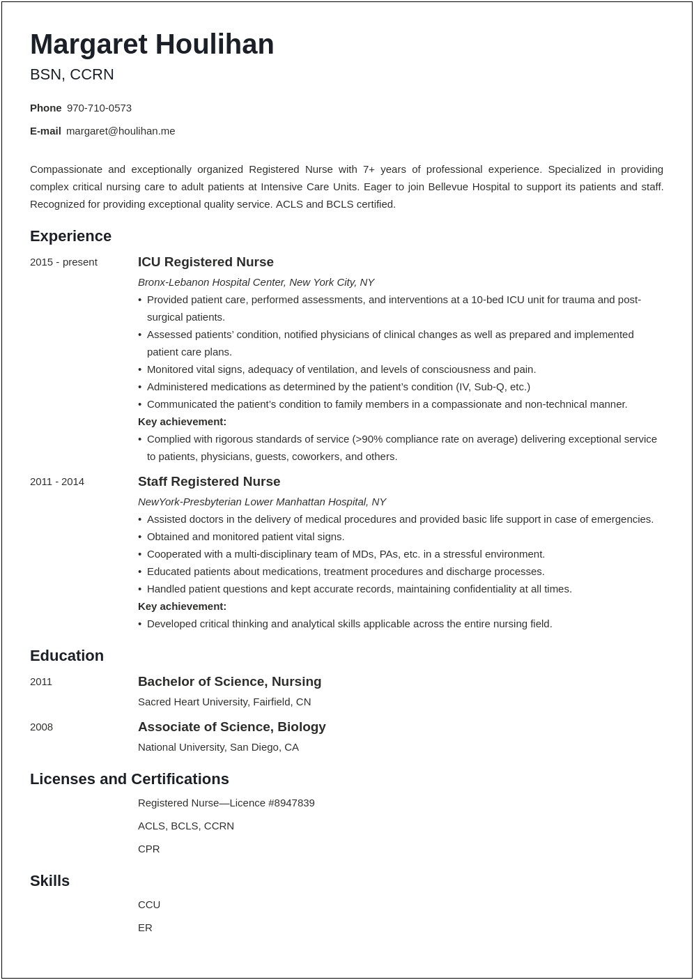 Acquired Experience In Pt Care Nursing Resume