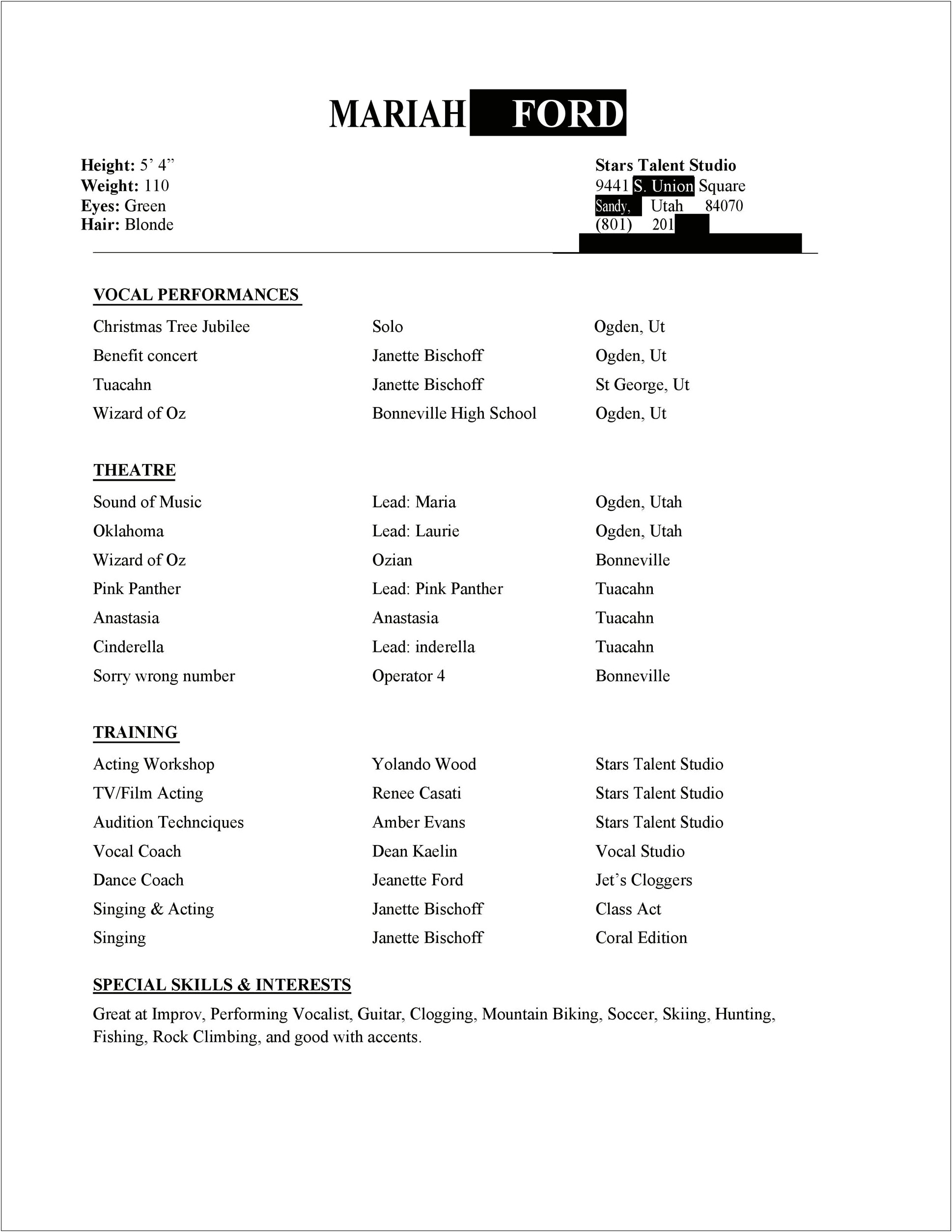 Acting Resume Example For Beginners