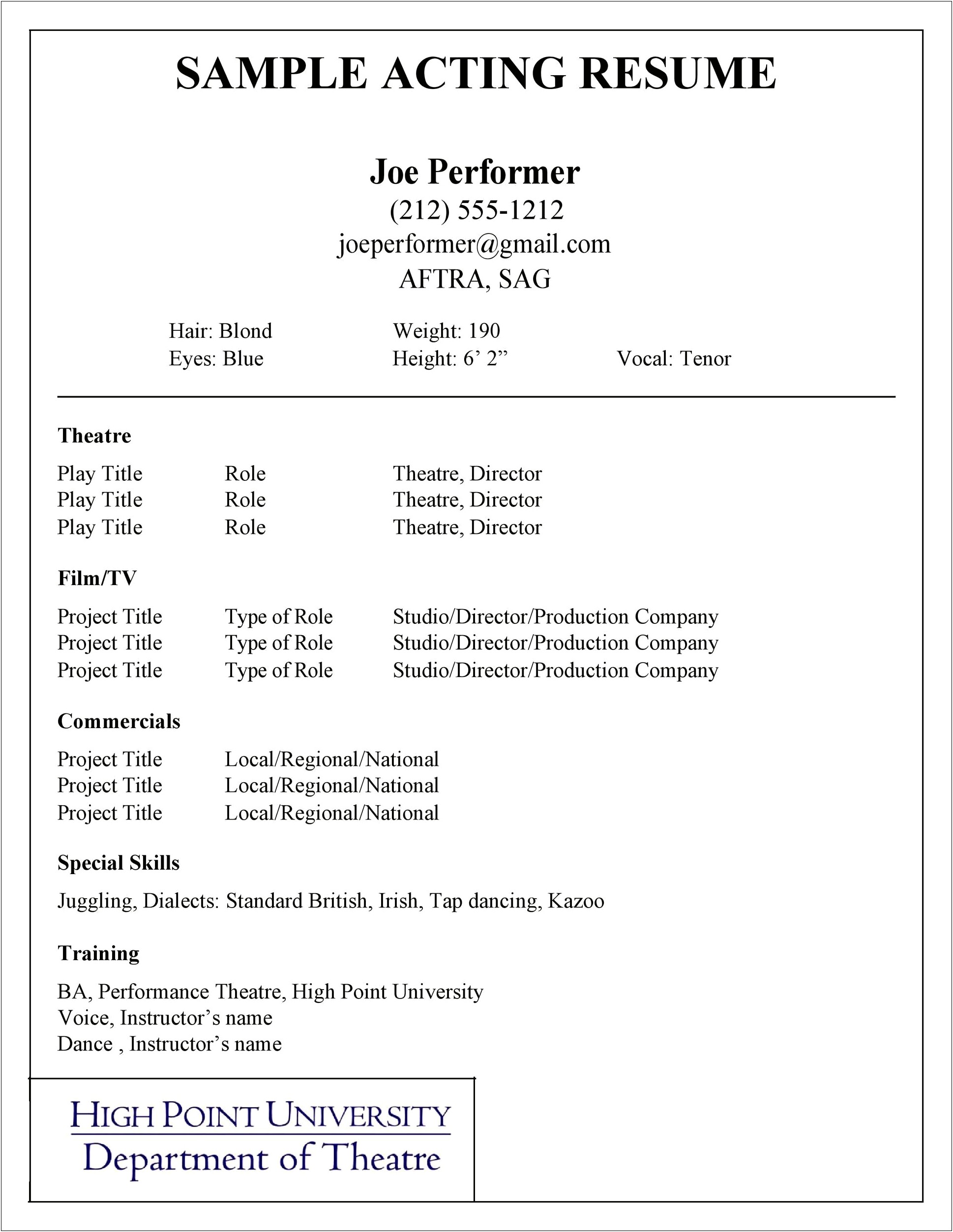 Acting Resume Examples For Beginner's