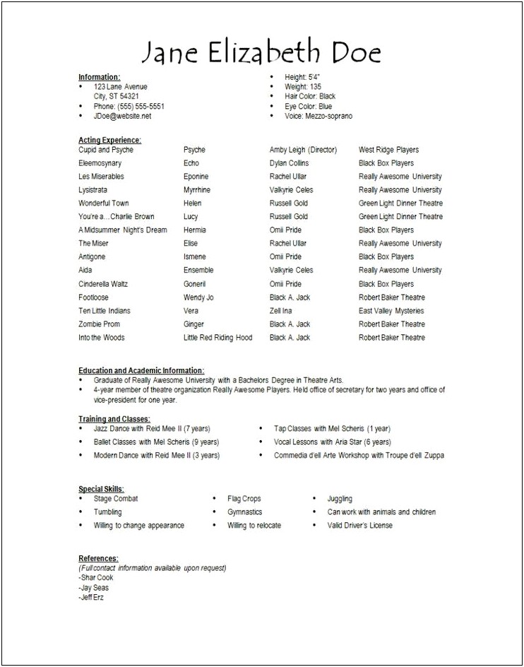 Acting Resume Examples Special Skills