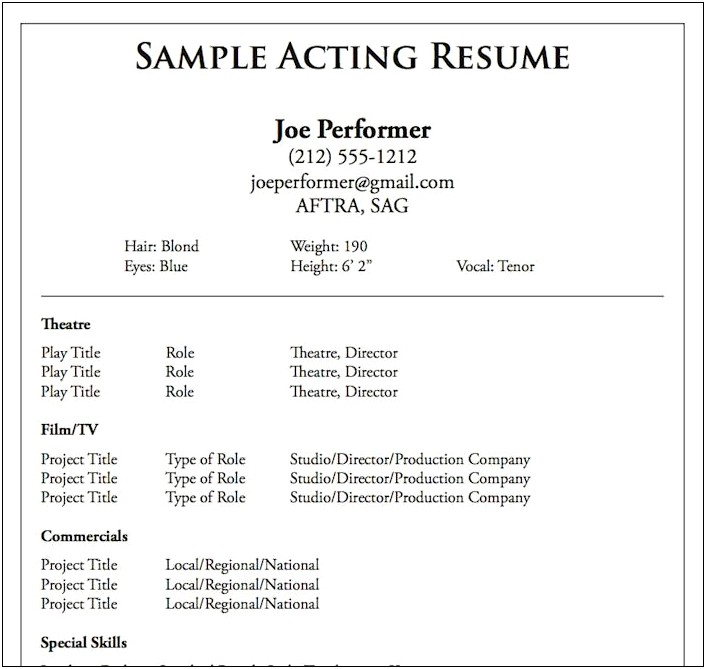 Acting Resume For Beginners Sample