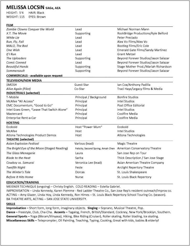 Acting Resume Free Template With Photo
