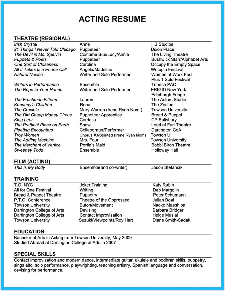 Acting Resume Samples For Freshers