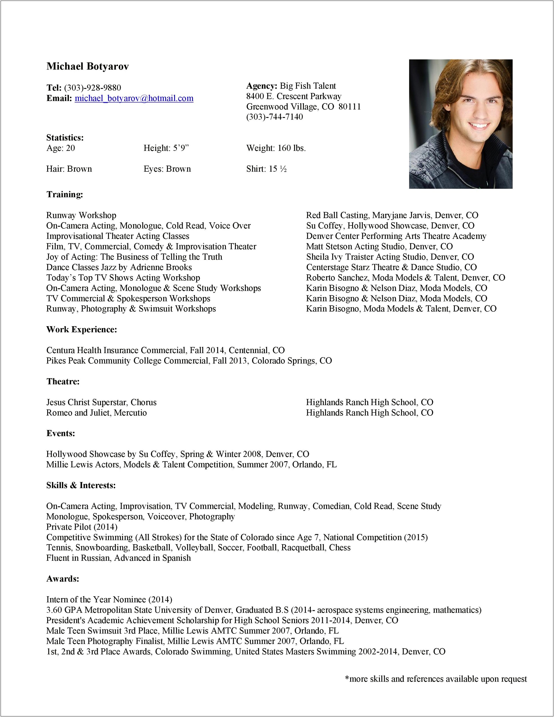 Acting Resume Template With Headshot Free