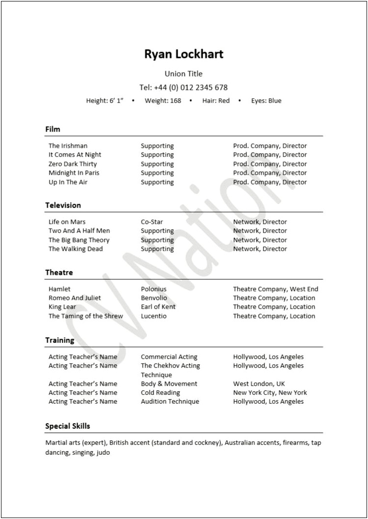 Acting Resume Template With Little Experience