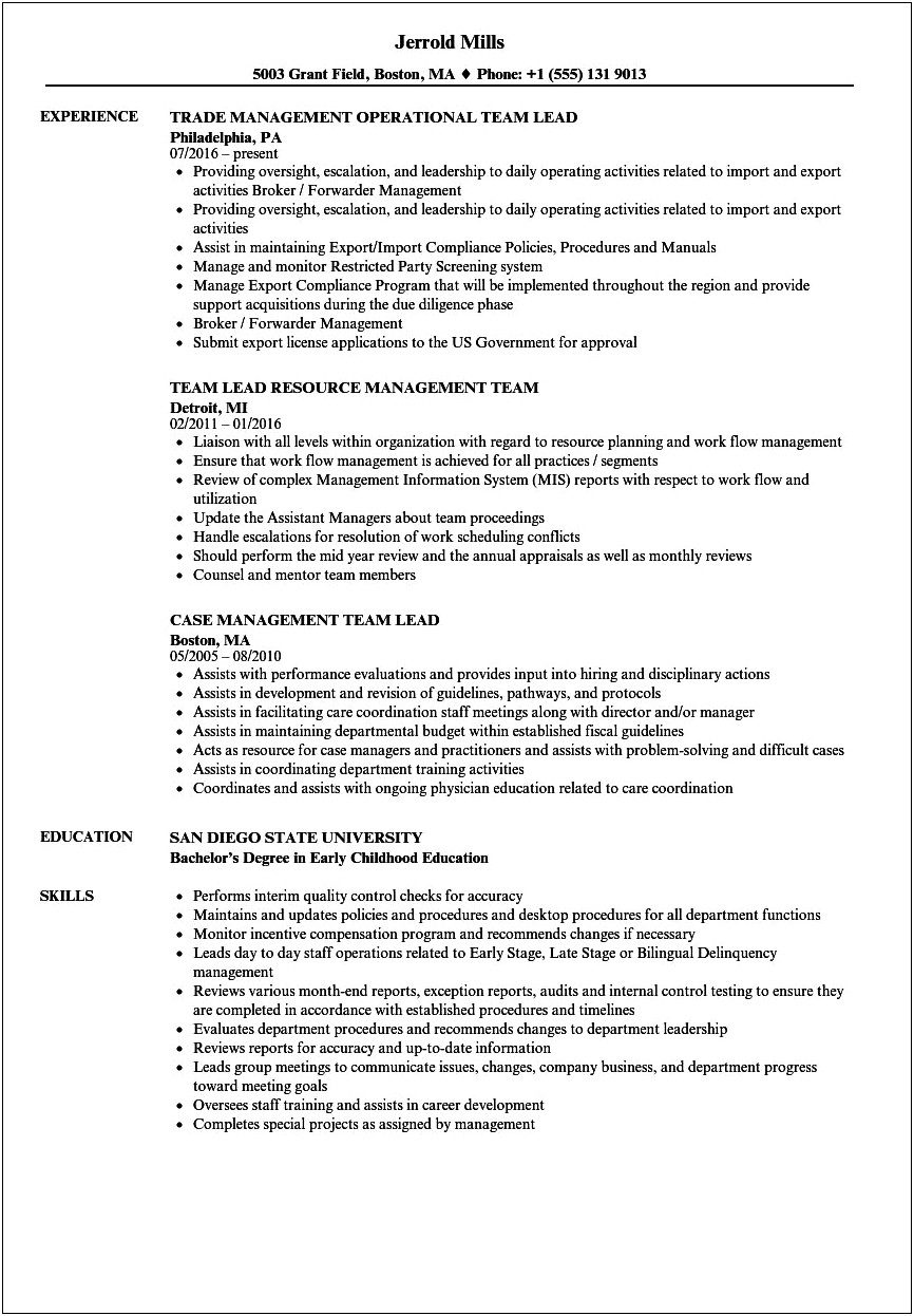 Action Word Resume Leadership Management Position