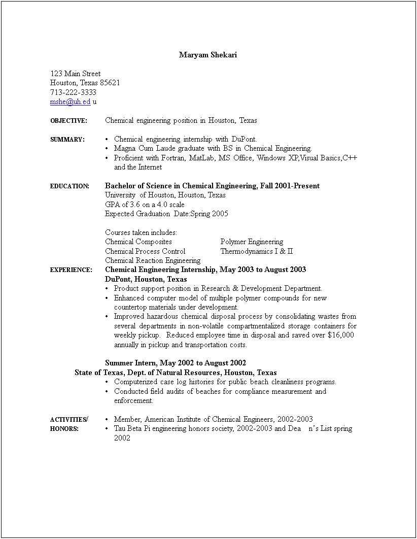 Activities And Honors Resume Example