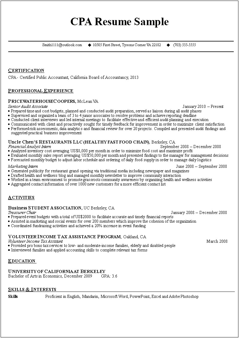 Activities And Interests On Resume Sample