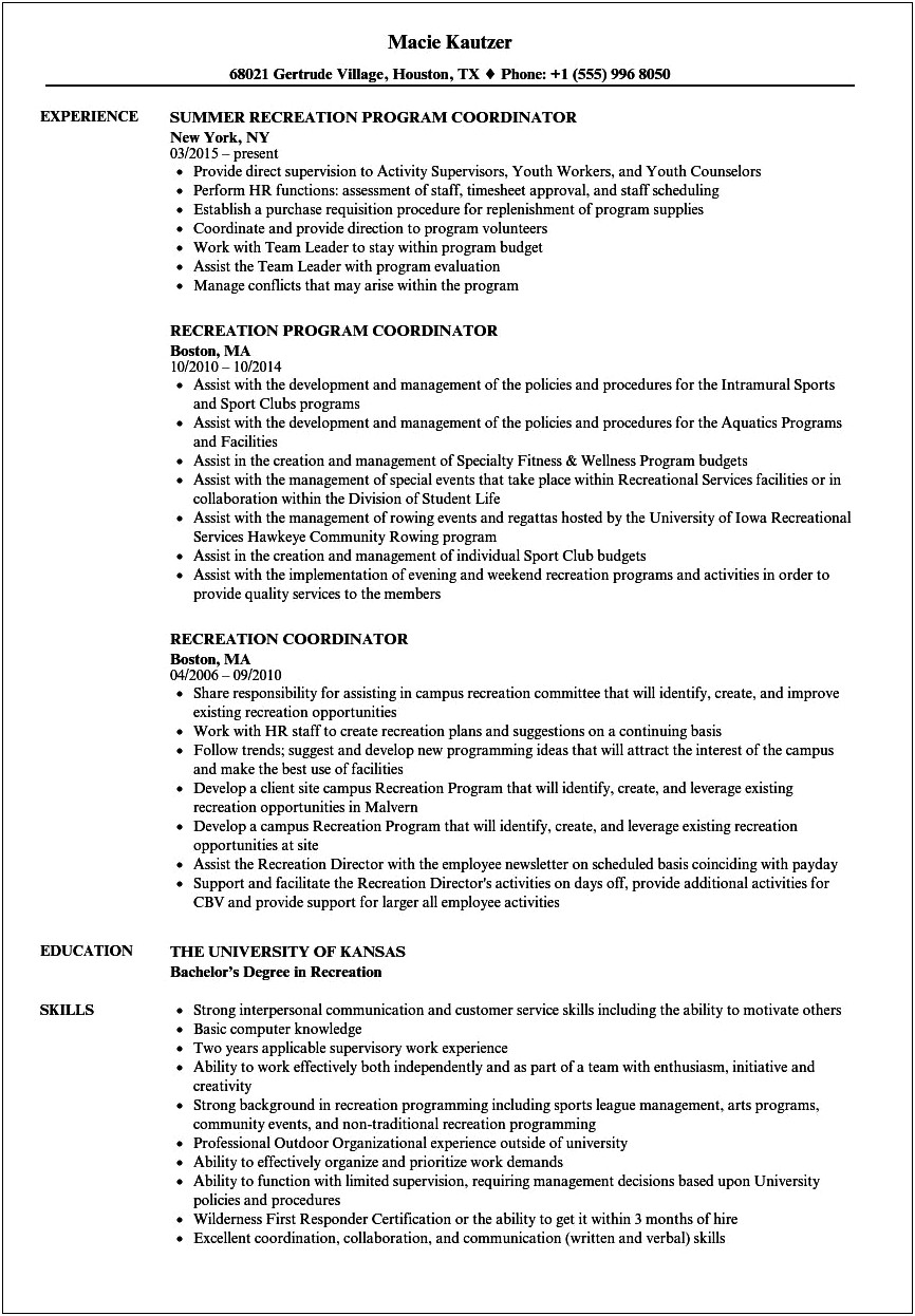 Activities Coordinator Job Description Resume