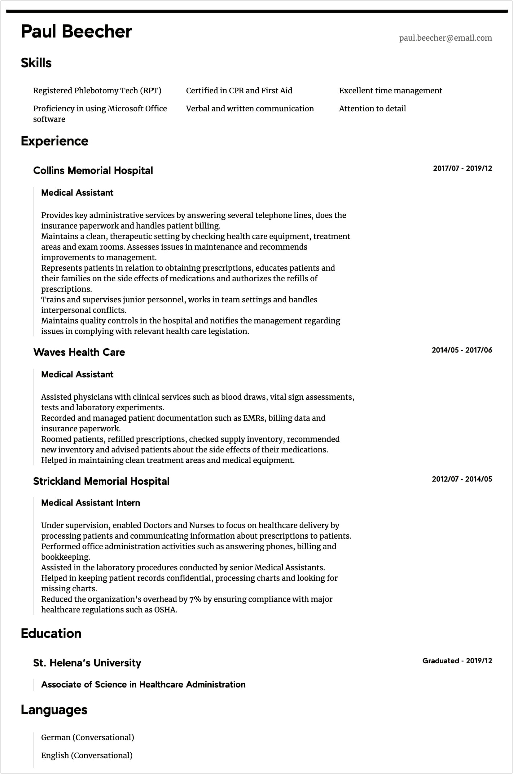 Activities For A Resume In Healthcare Examples
