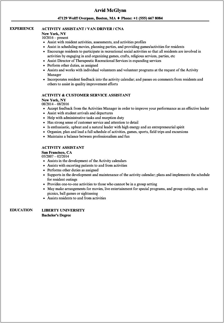 Activity Assistant Job Description For Resume