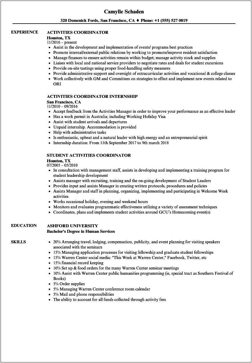Activity Coordinator Job Description Resume