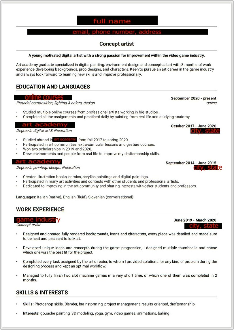 Activity Examples For Game Development Resume