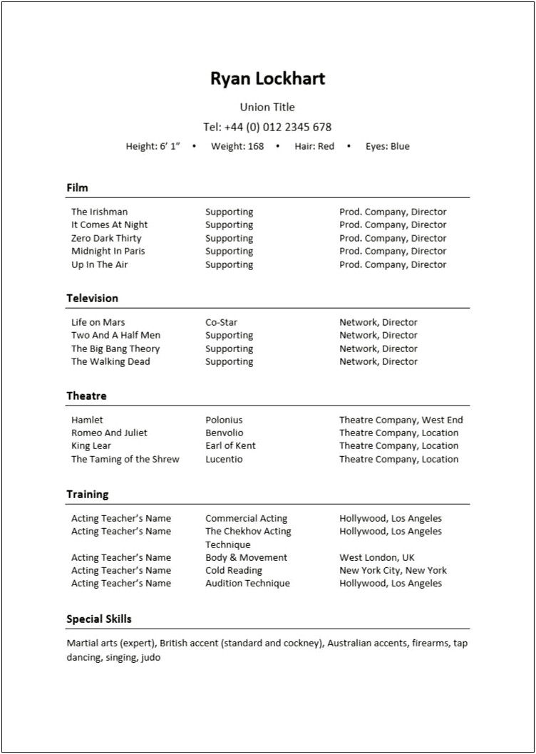 Actor Resume Sample With Agency Contact