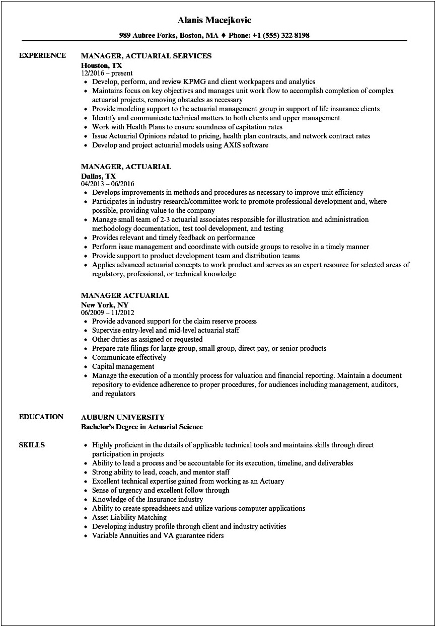Actuarial Resume Where To Put Education