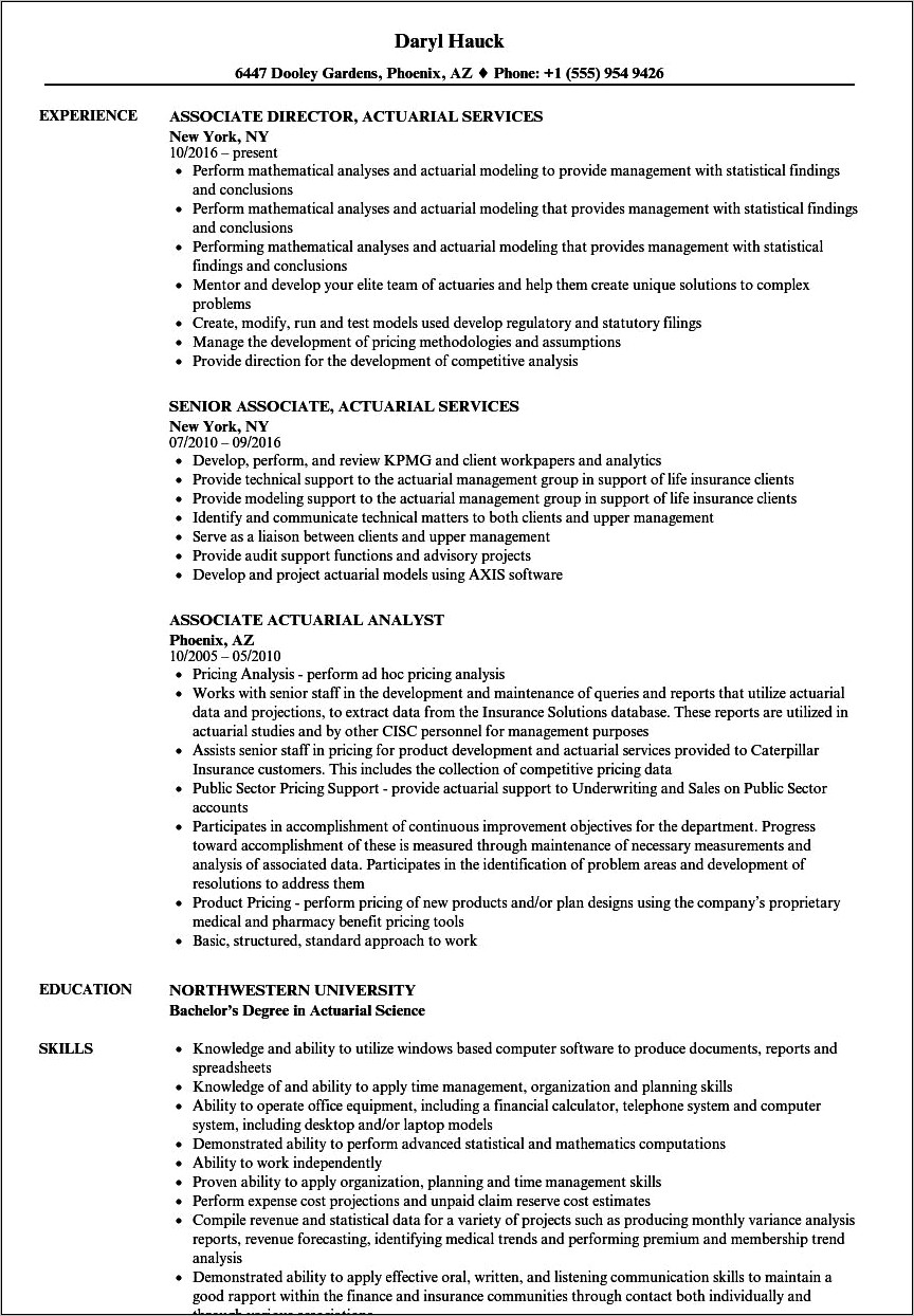 Actuary Firsrt Entry Resume Example