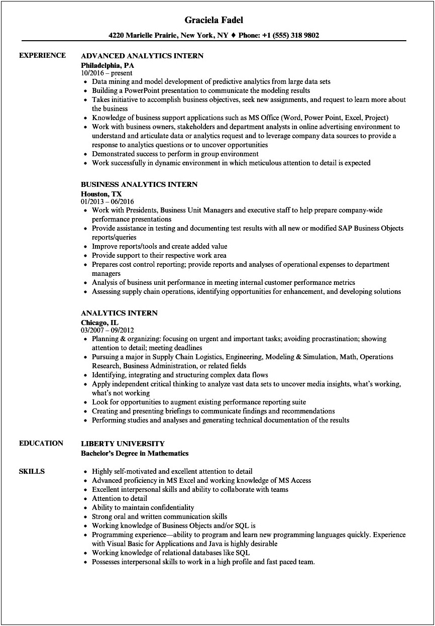 Acturarial Science Intern Resume Examples With Summary Statement