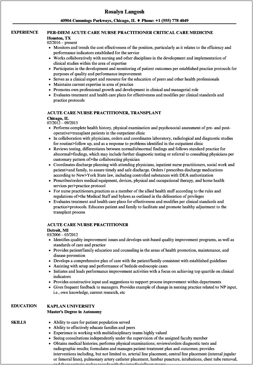 Acute Care Nurse Job Description Resume