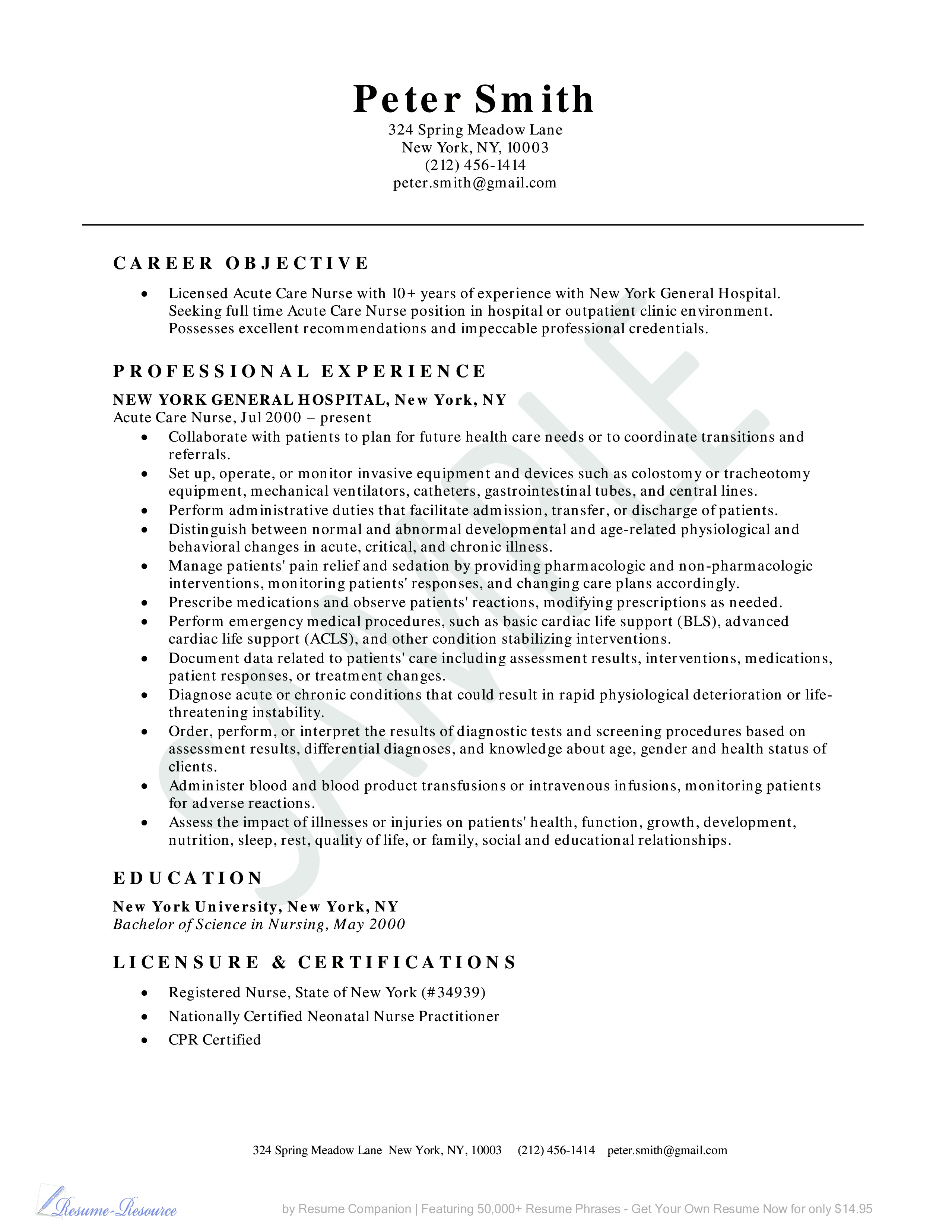 Acute Care Nursing Job Description For Resume Templates