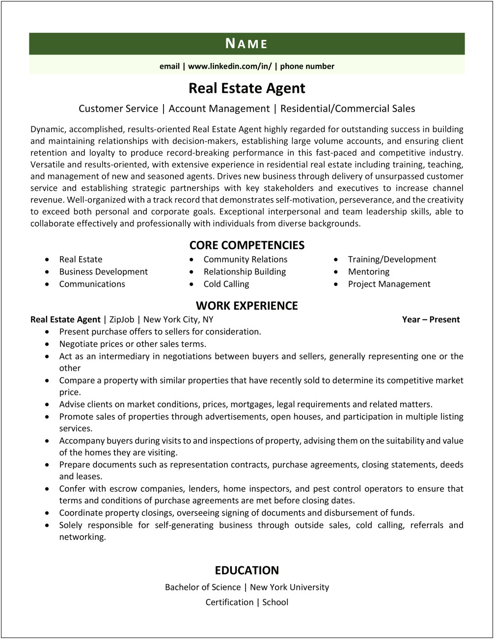 Add Real Estate Agent To A Resumes Experience