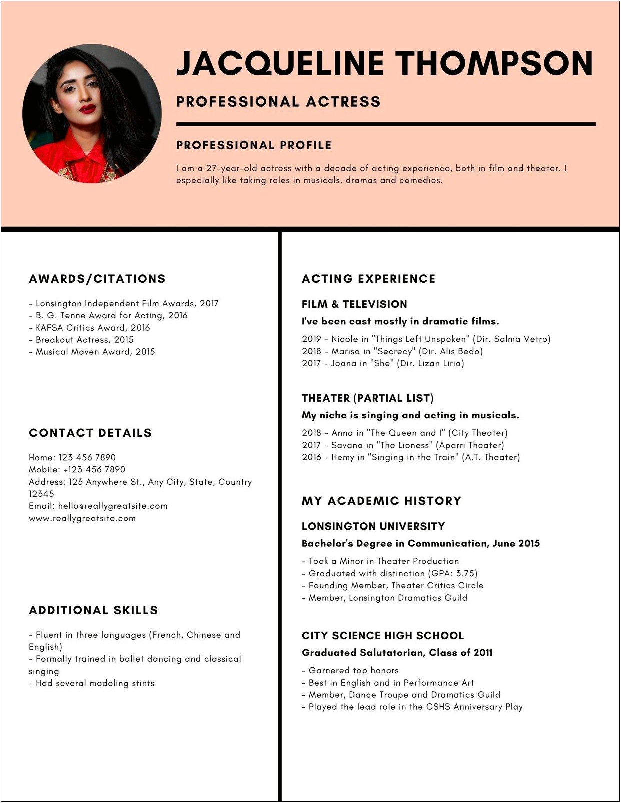 Additional Skills For Acting Resume