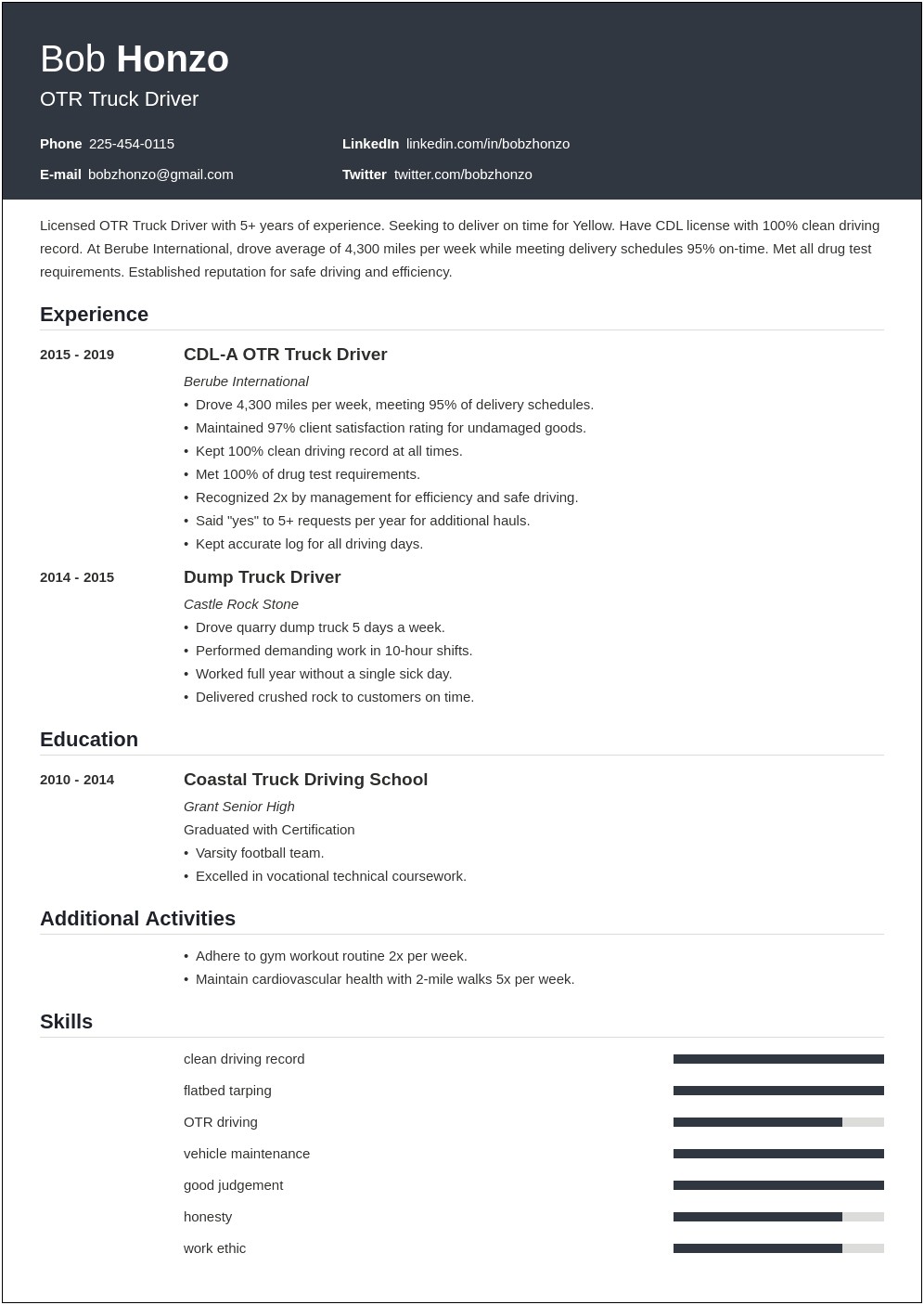 Additional Skills Resume For A Truck Driver