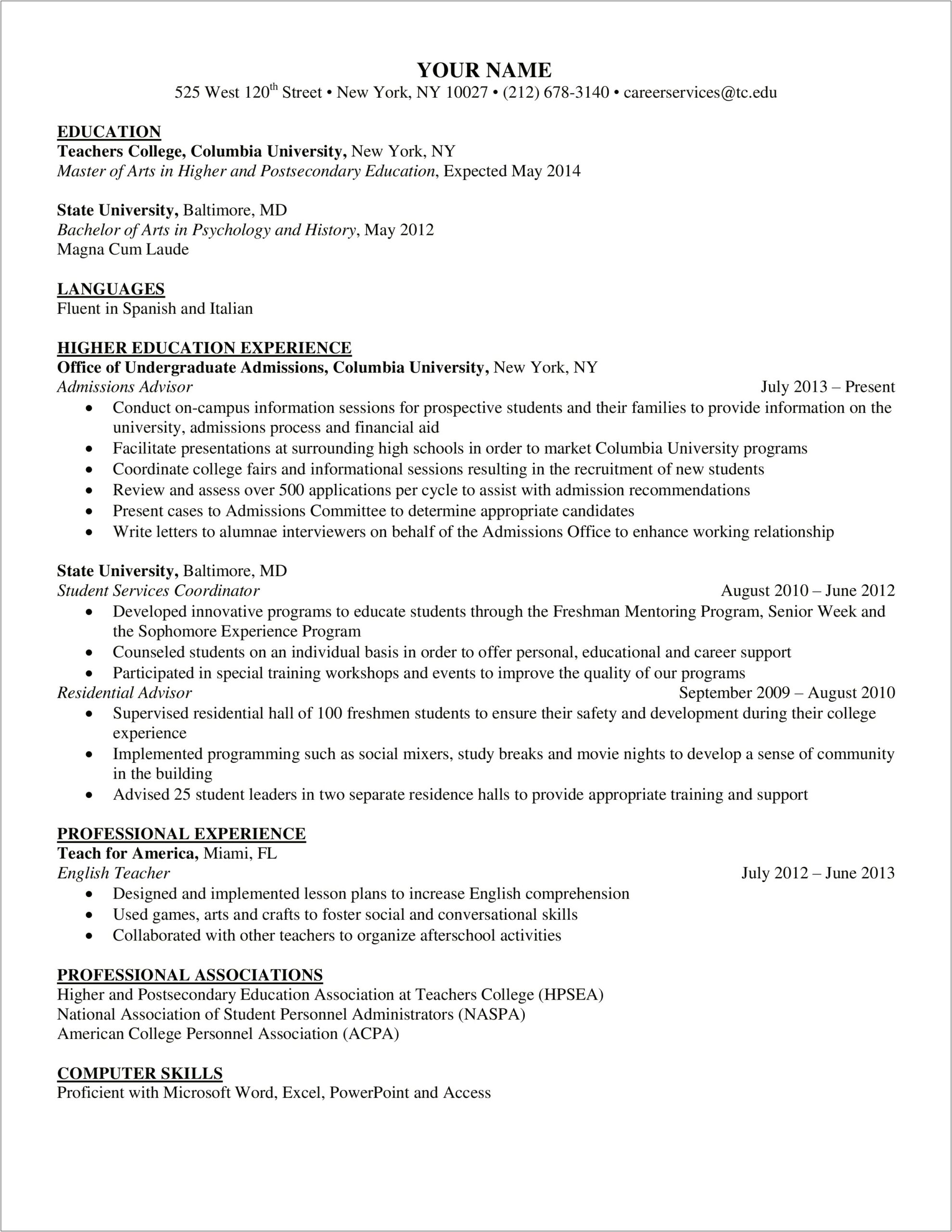 Address Experience In Higher Education In Resume