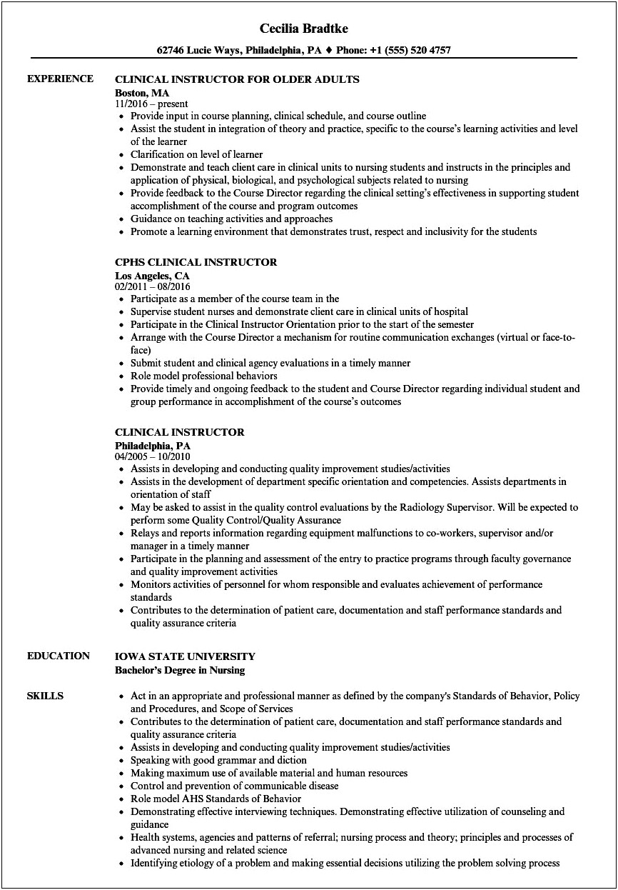 Adjunct Instructor Job Description Resume
