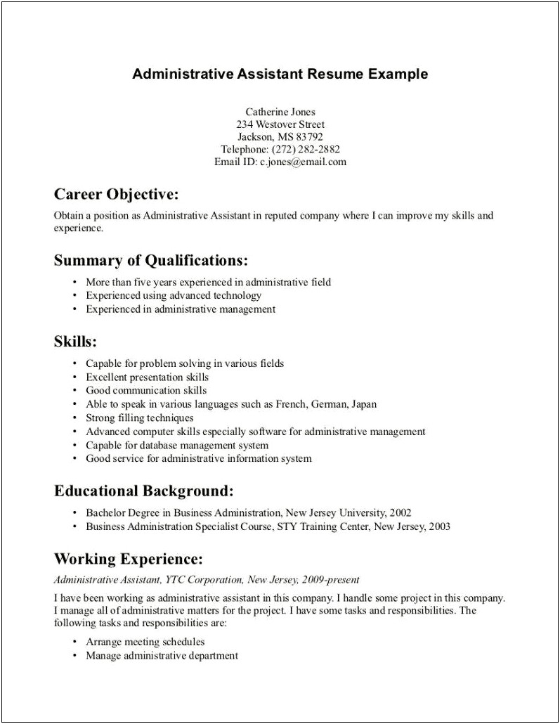 Admin Asst Resume Objective Examples