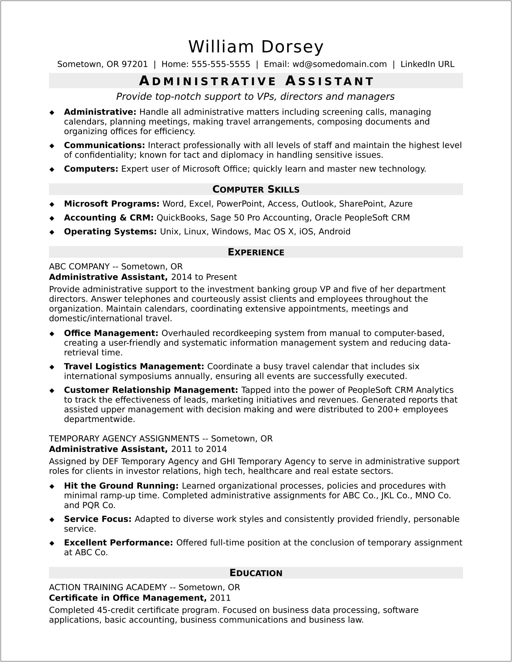 Adminir Trative Resume Summary Sample