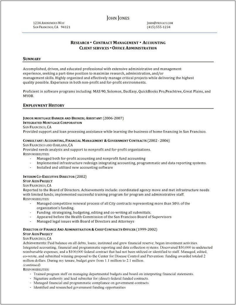 Administration Manager Job Description Resume