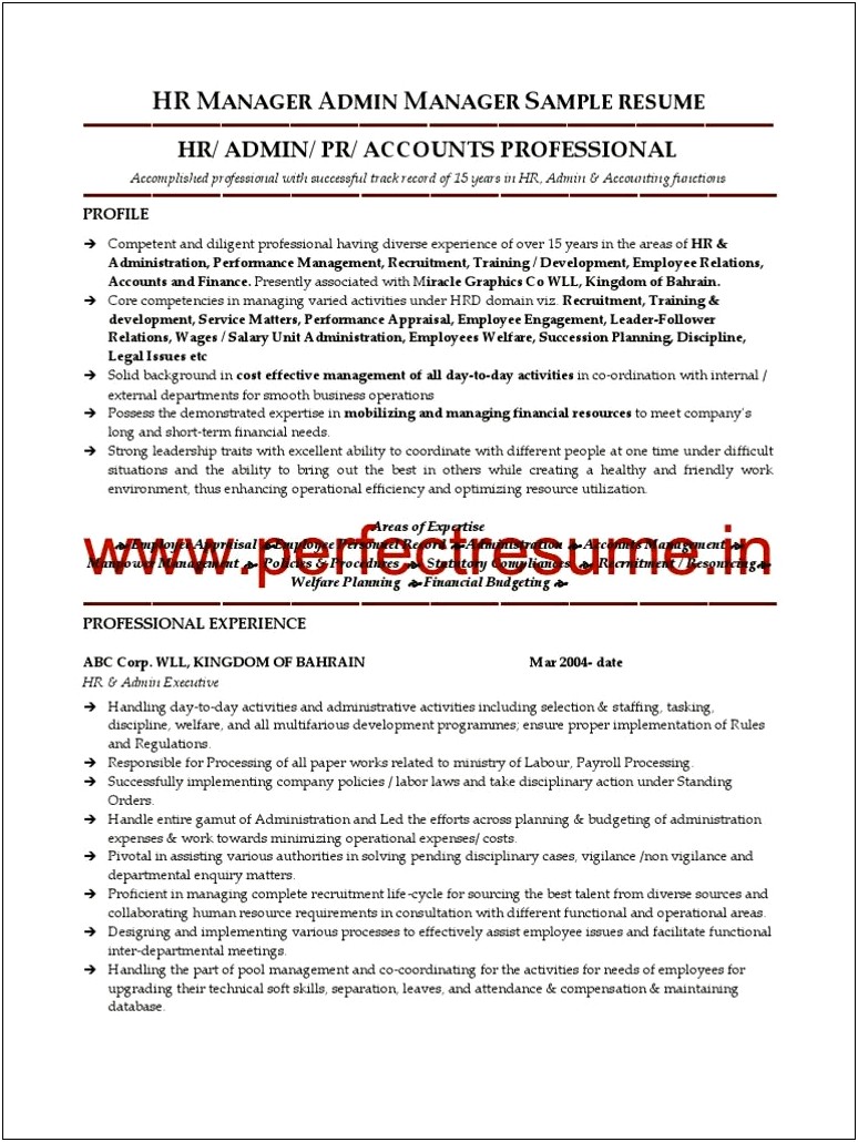 Administration Manager Resume Sample India