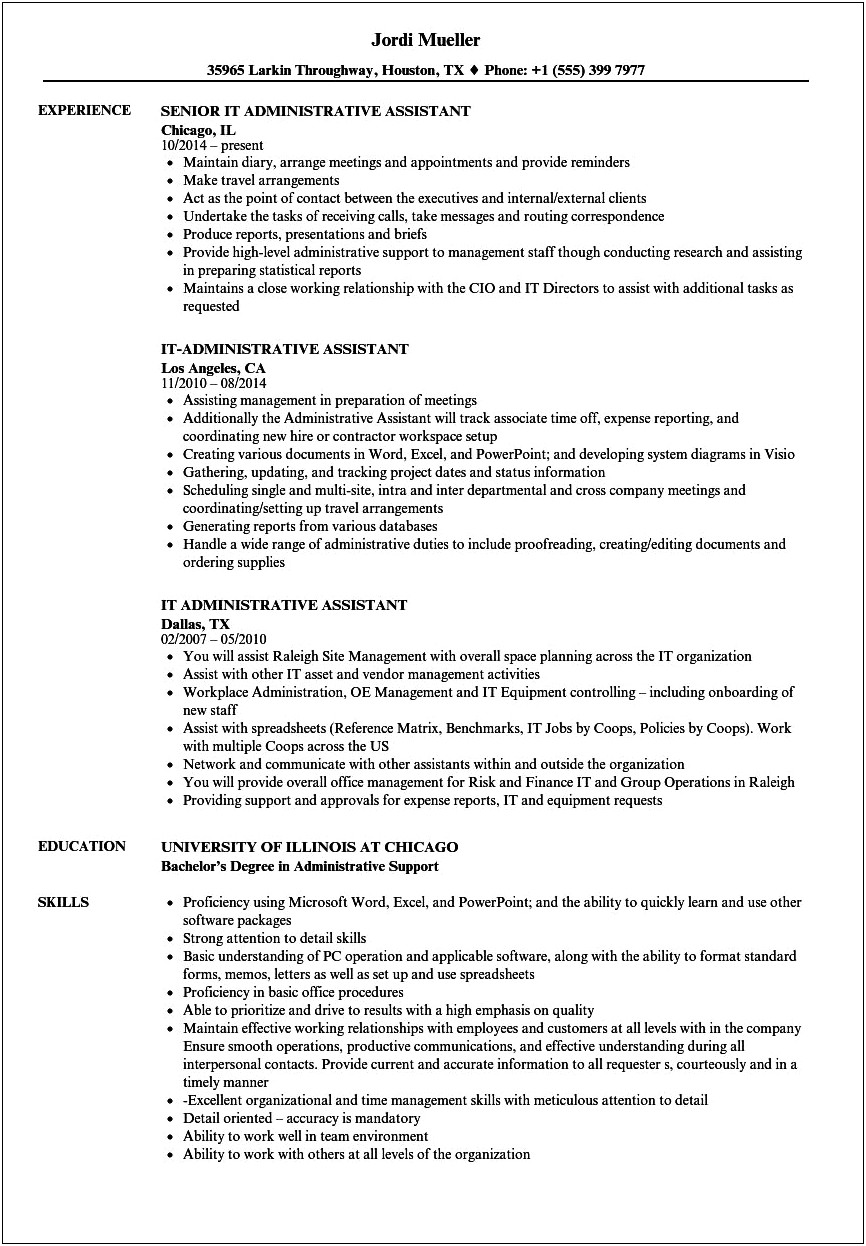 Administrative Assistant 1 Job Description For Resume