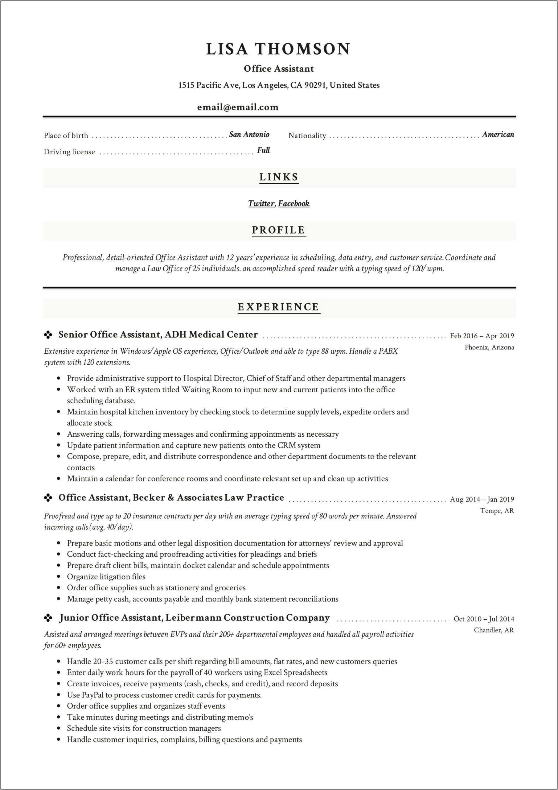 Administrative Assistant Description Construction Company Resume