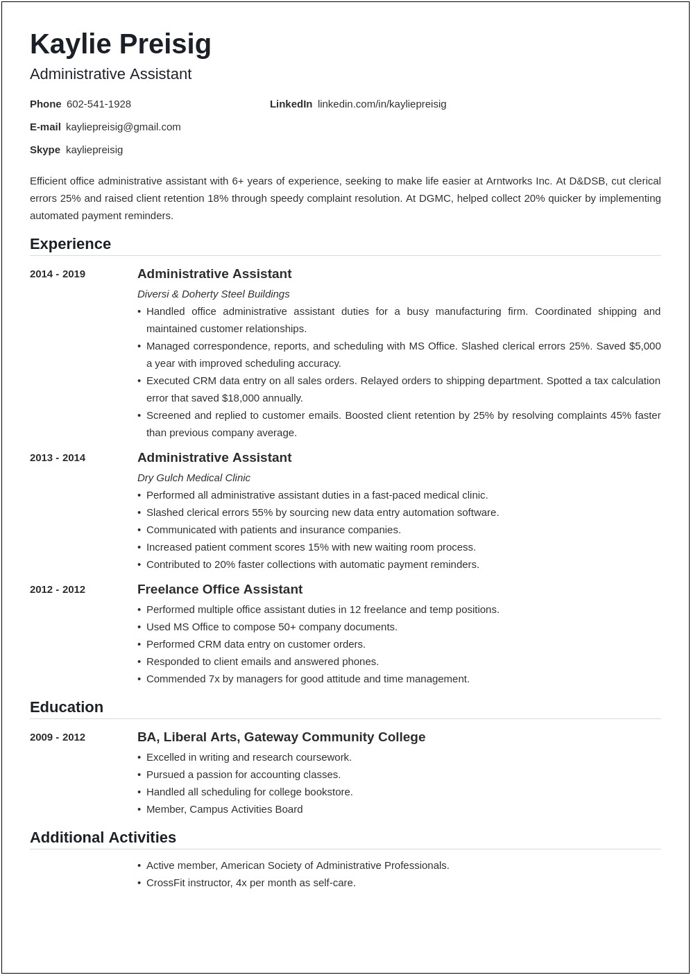 Administrative Assistant Description Of Duties For A Resume