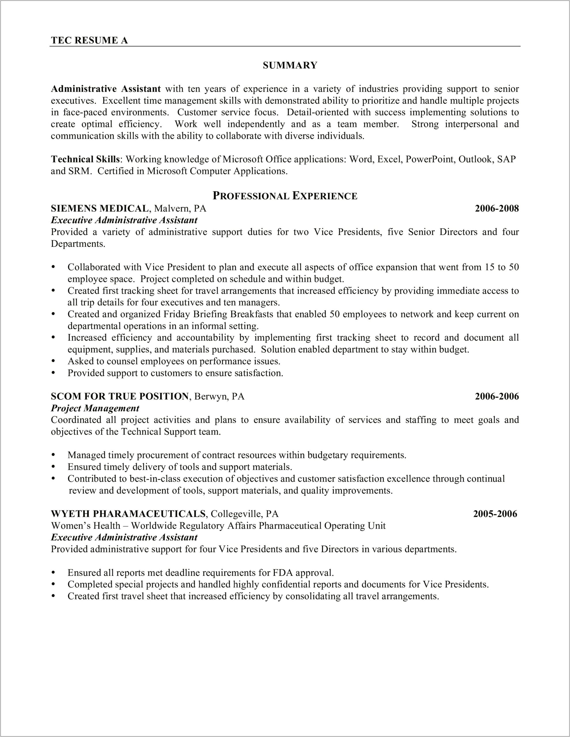 Administrative Assistant Project Manager Resume