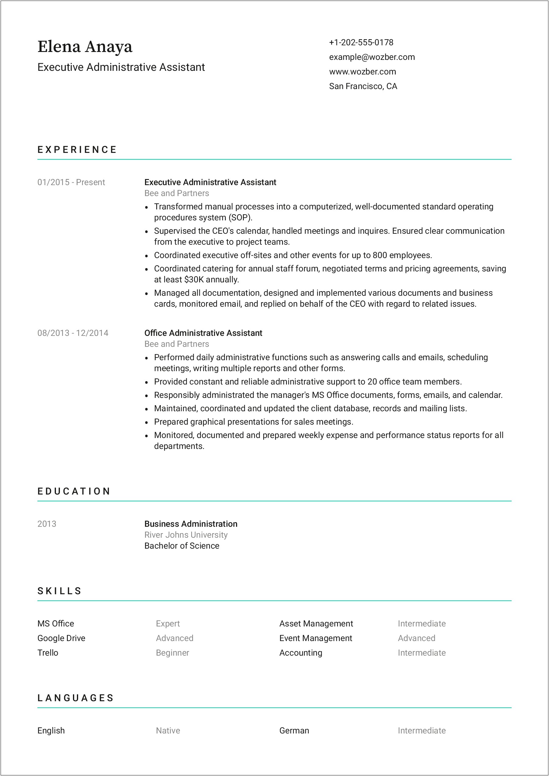Administrative Assistant Receptionist Resume Example