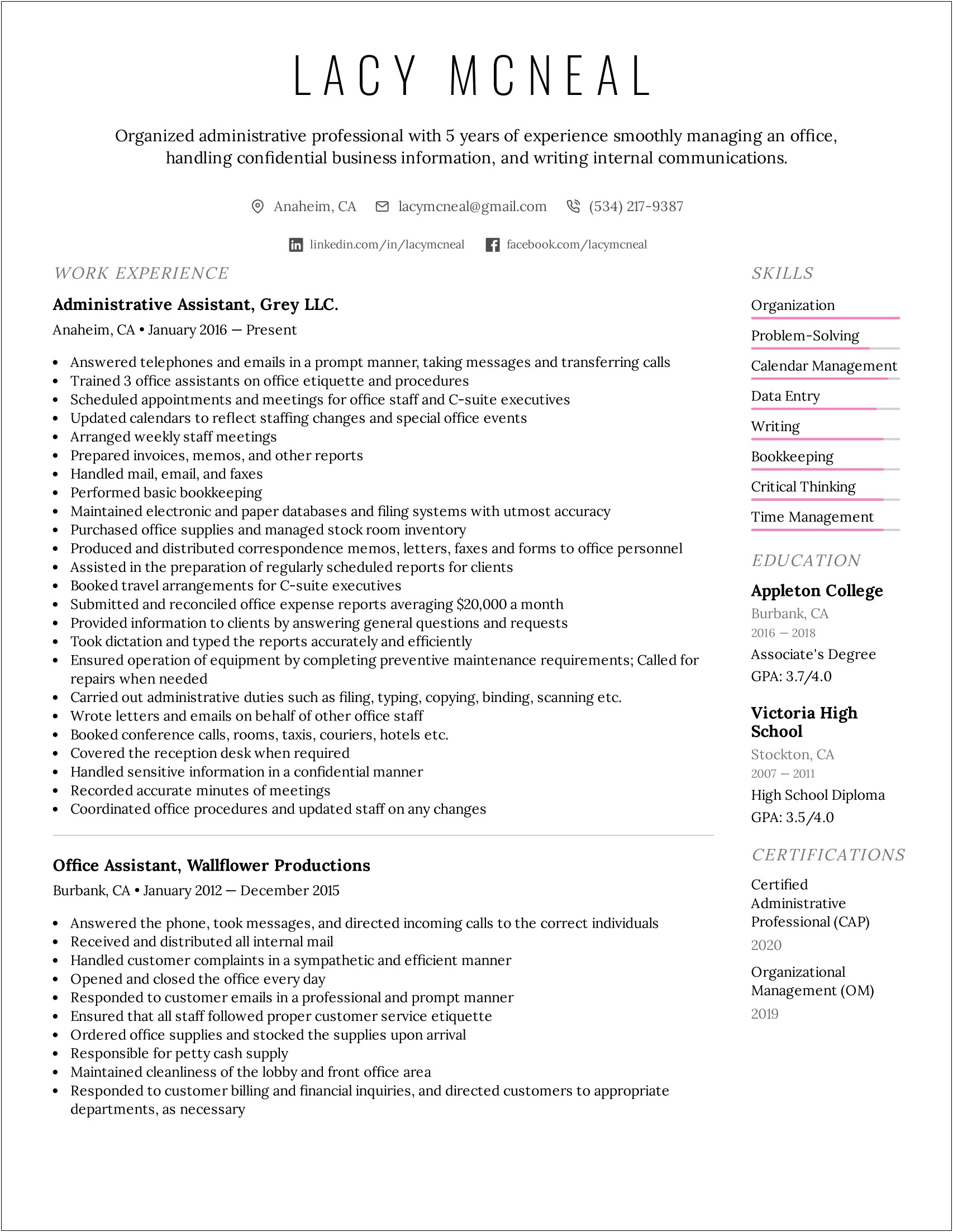 Administrative Assistant Resume 2018 Sample