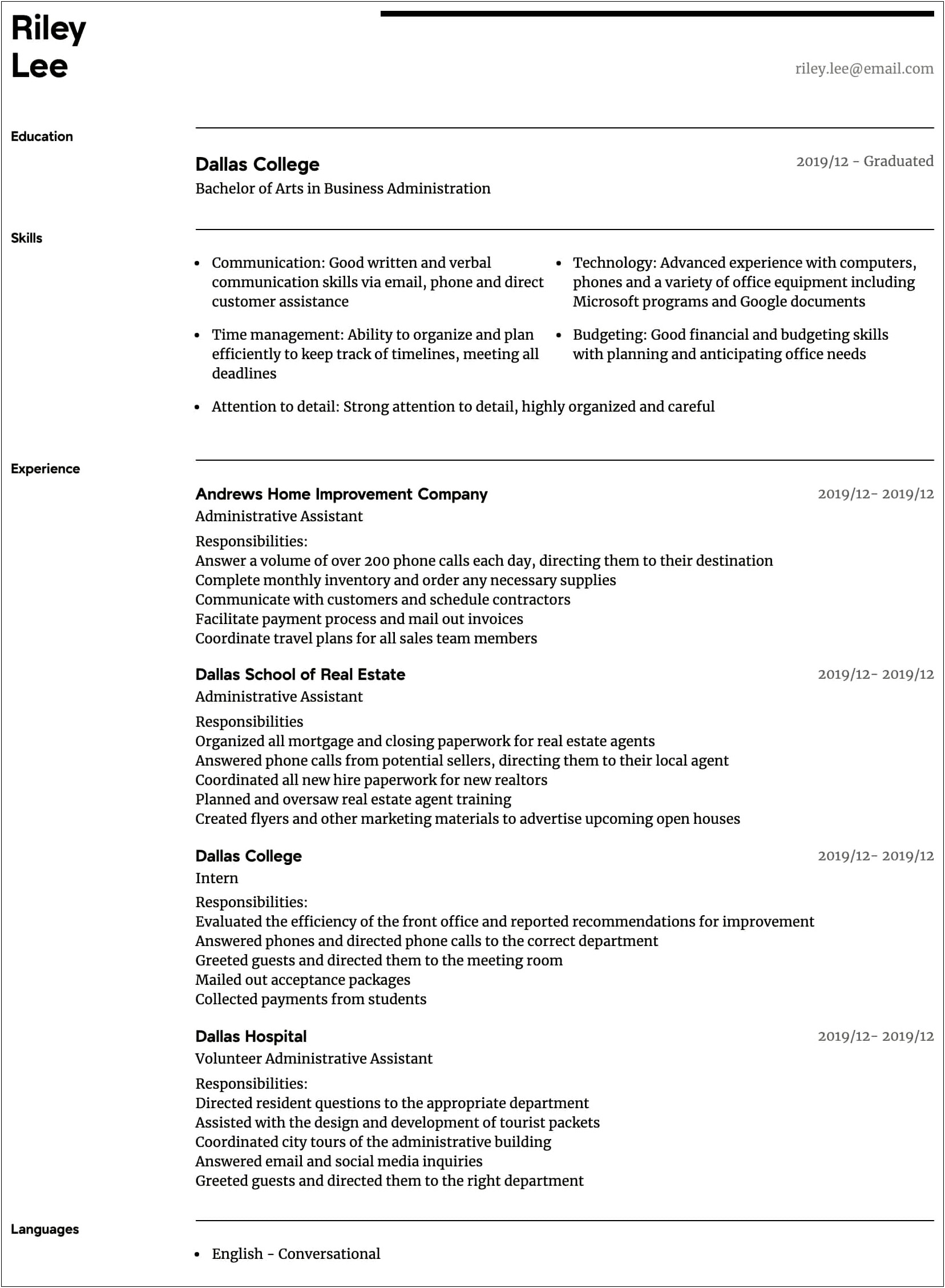 Administrative Assistant Sample Resume Education