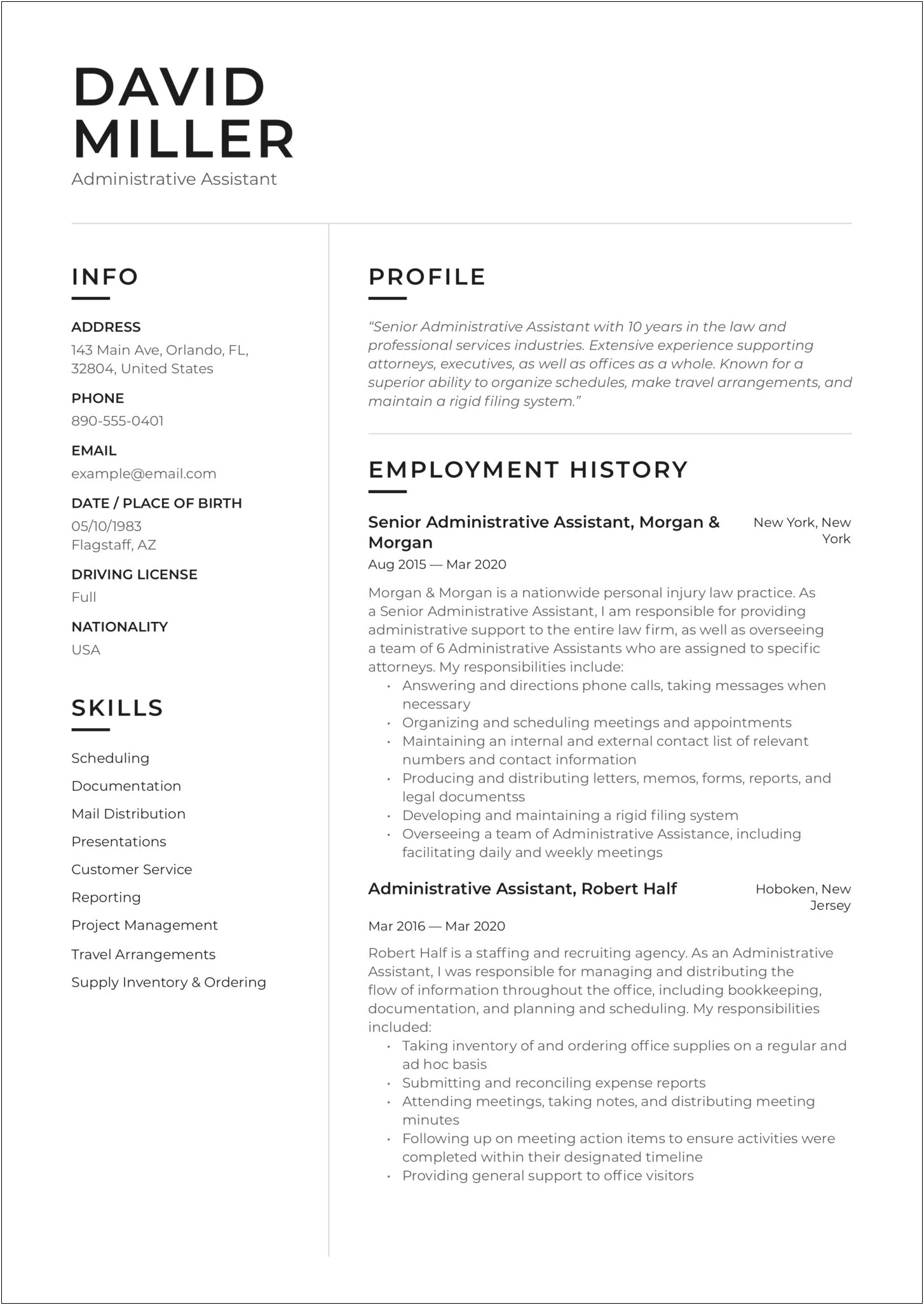 Administrative Assistant Sample Resume Free