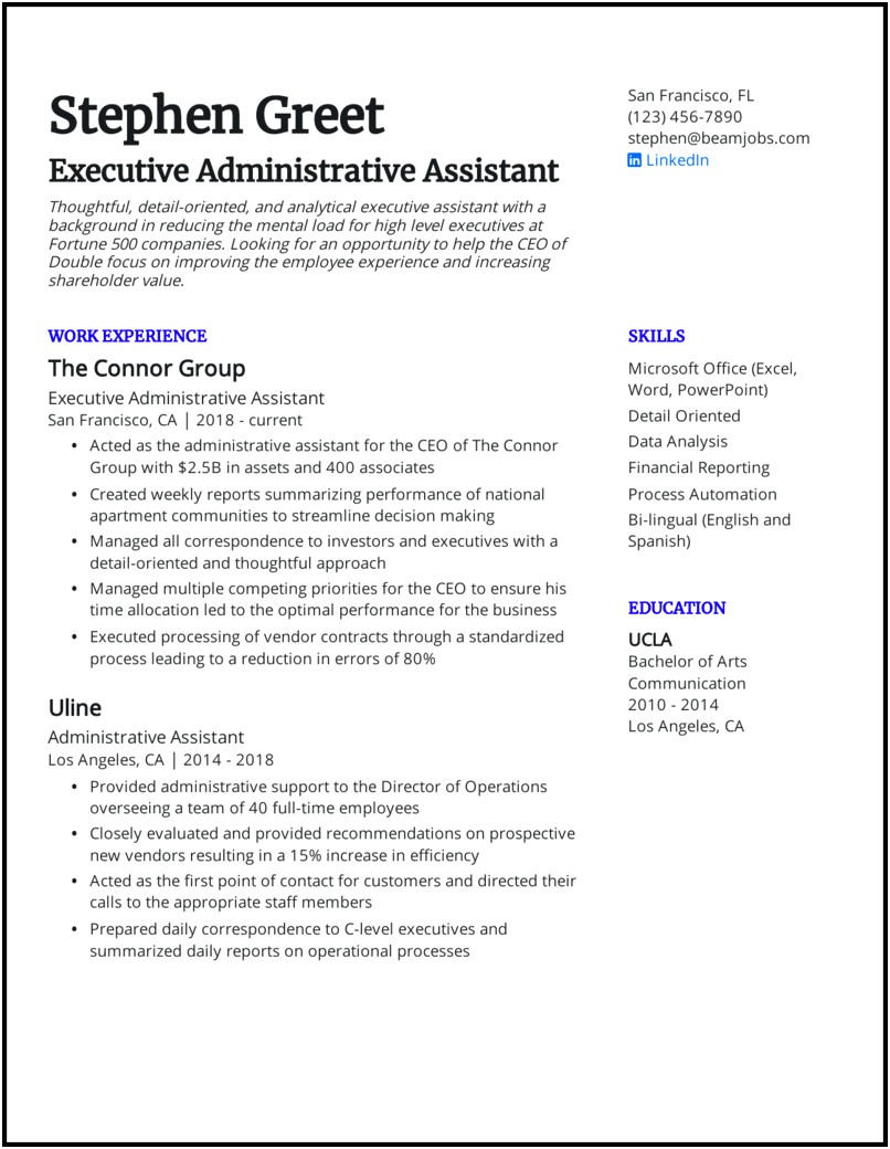 Administrative Assistant State Job Resume