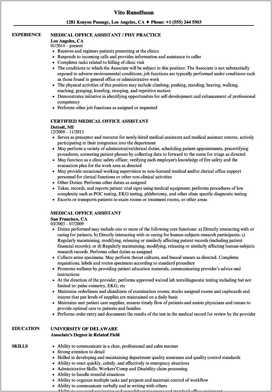Administrative Medical Assistant Job Description Resume