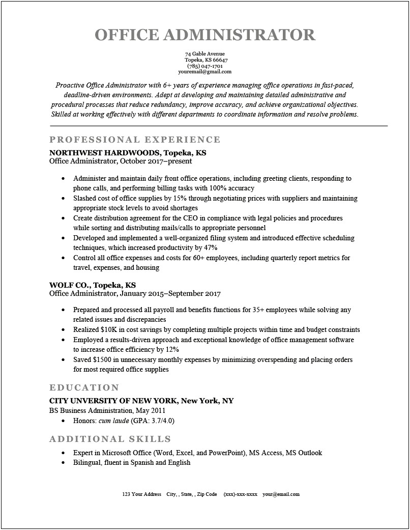 Administrative Summary For Resume Sample