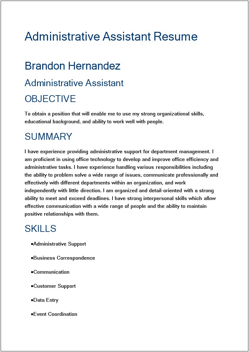Administrative Support Assistant Resume Sample