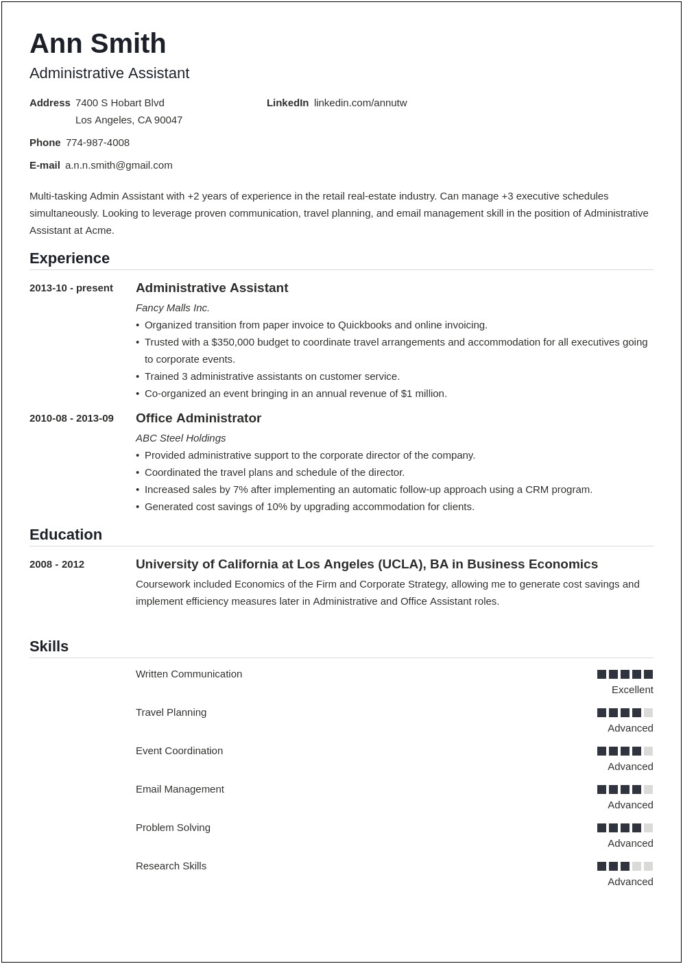 Administrative Support Resume Objective Samples