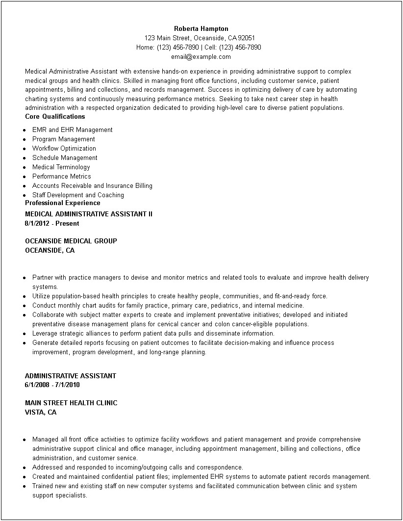 Adminstrative Assistance In Medical Office Sample Resume