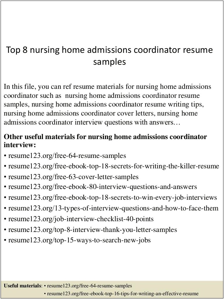 Admissions Coordinator Skilled Nursing Facility Resume